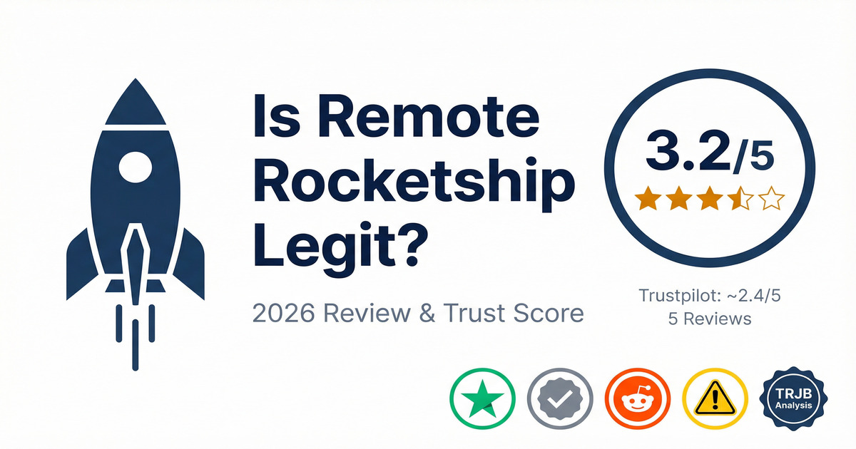 Is Remote Rocketship Legit? Hero image showing 3.2/5 trust score, Trustpilot rating with 5 reviews, paywall warning, and TRJB analysis seal